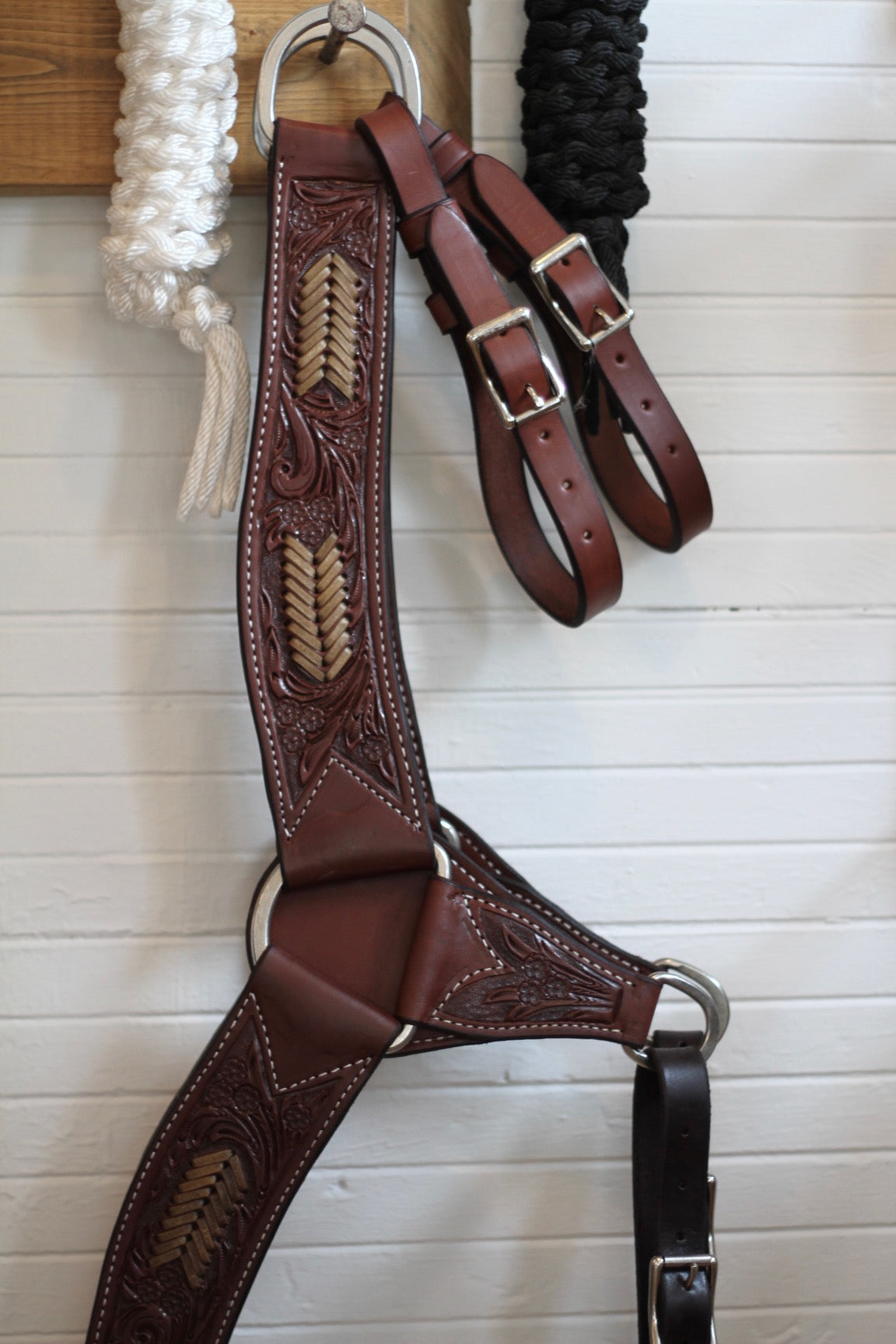 Floral Tooled Breast Collar With Rawhide